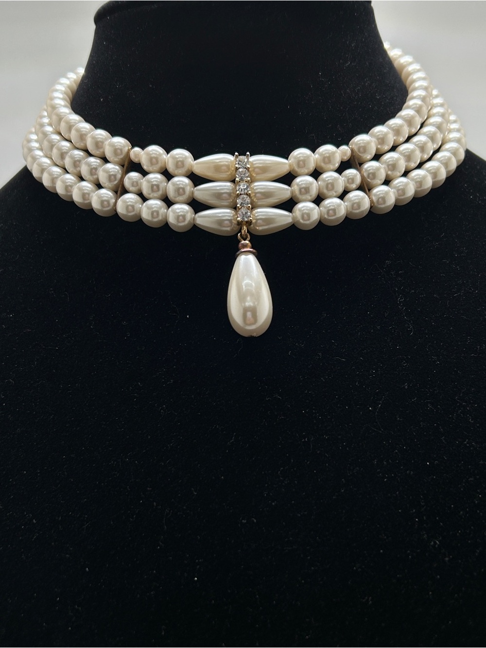 Vintage Pearl And Clear Crystal Triple Strand Choker, Nice Quality